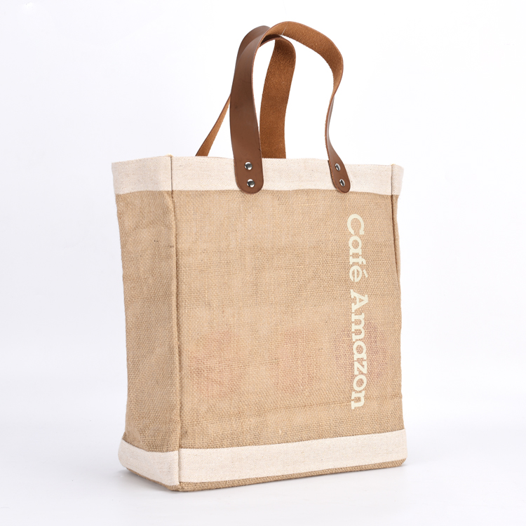 Reusable Heavy Duty Shopping Tote Jute Bag With Leather Handles