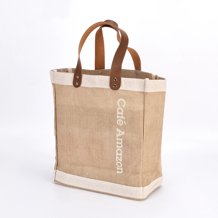 Reusable Heavy Duty Shopping Tote Jute Bag With Leather Handles