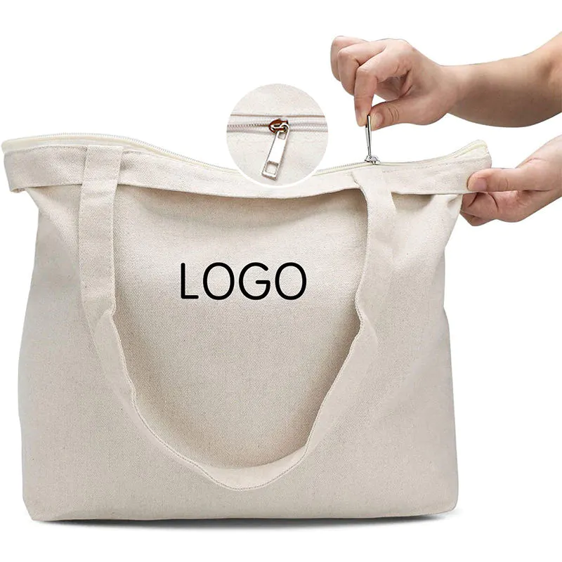 Customized Logo Printed Recycle Plain Organic Cotton Canvas Tote Shopping Bags with zipper