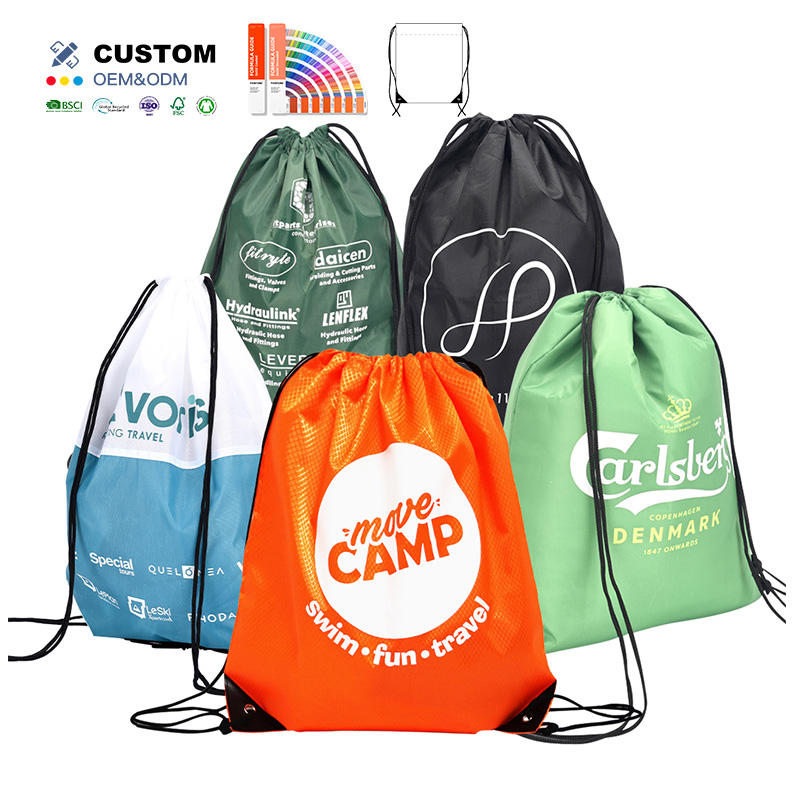 High Quality Polyester Draw String Sports Backpack Gym Bag Waterproof Custom Logo Promotional Fitness Drawstring Bags