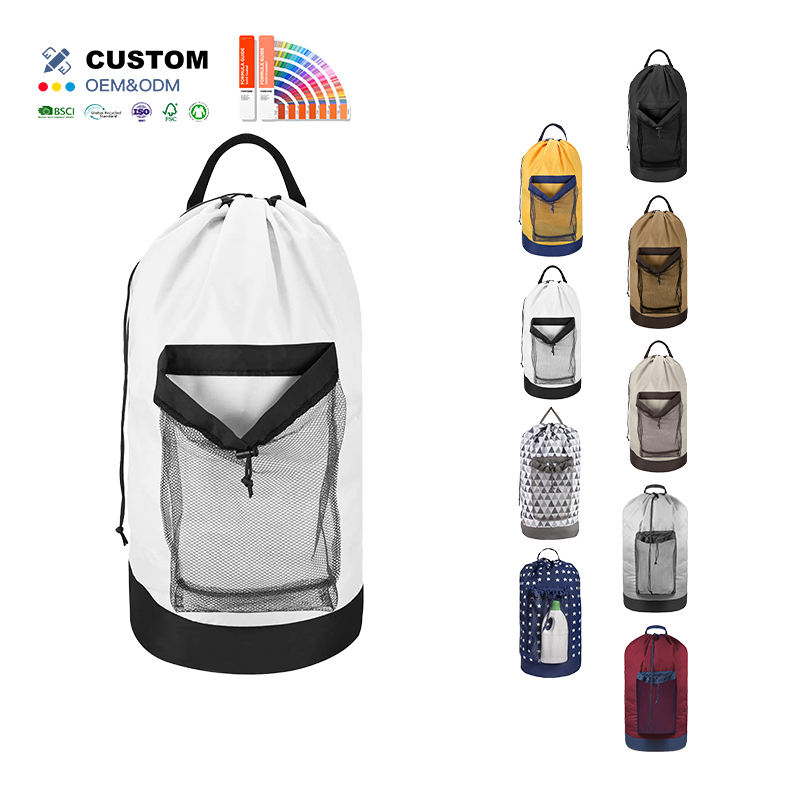 60L Foldable Polyester Laundry Bag Customize Printing Recyclable Laundry Backpack with Shoulder Straps and Mesh Pocket