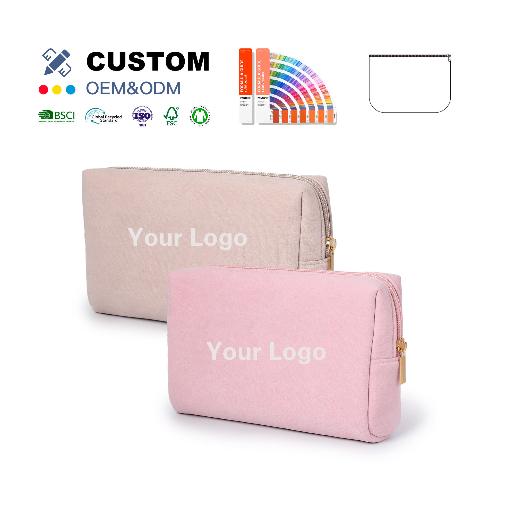 OEM ODM Kuoshi Custom logo Suede Pouch Luxury Beauty Makeup toiletry Bag Zipper Closure Travel Velvet Cosmetic Bag