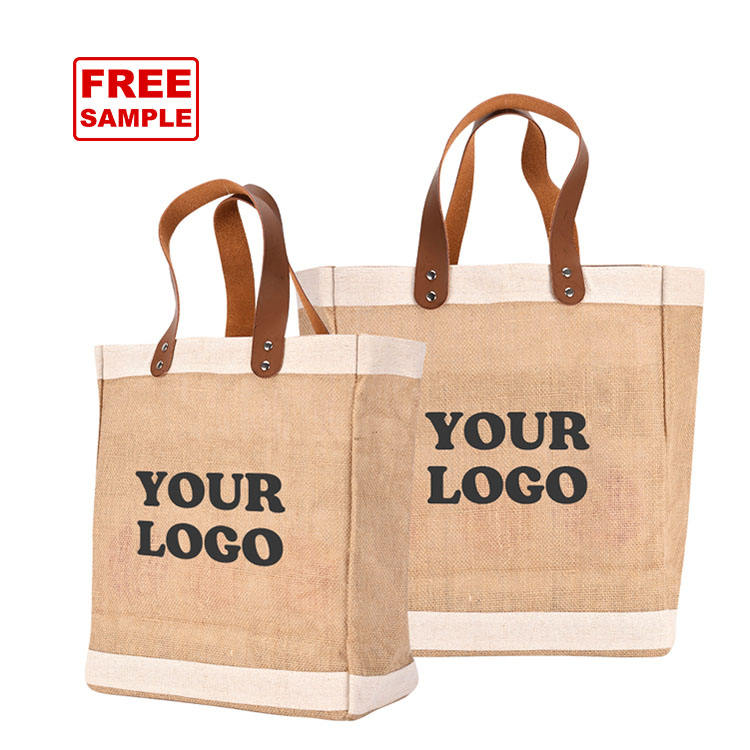 Wholesale Plain Custom Printed Letter Burlap Shopping Bag Large Natural Eco Friendly Fabric Jute Tote Bags with Leather Handles